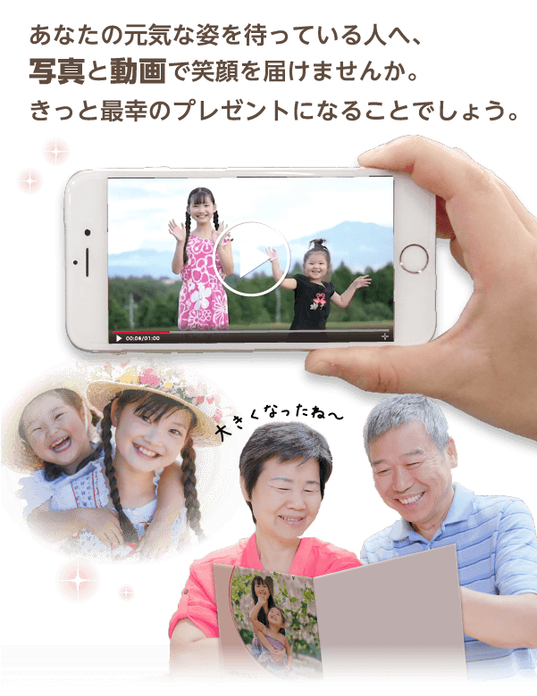 あなたの元気な姿を待っている人へ、写真と動画で笑顔を届けませんか。きっと最幸のプレゼントになることでしょう。